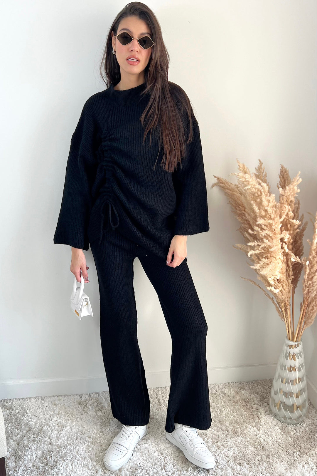 Knitted Co Ord set with Lacing Jumper and wide leg trousers in Black - jqwholesale.com