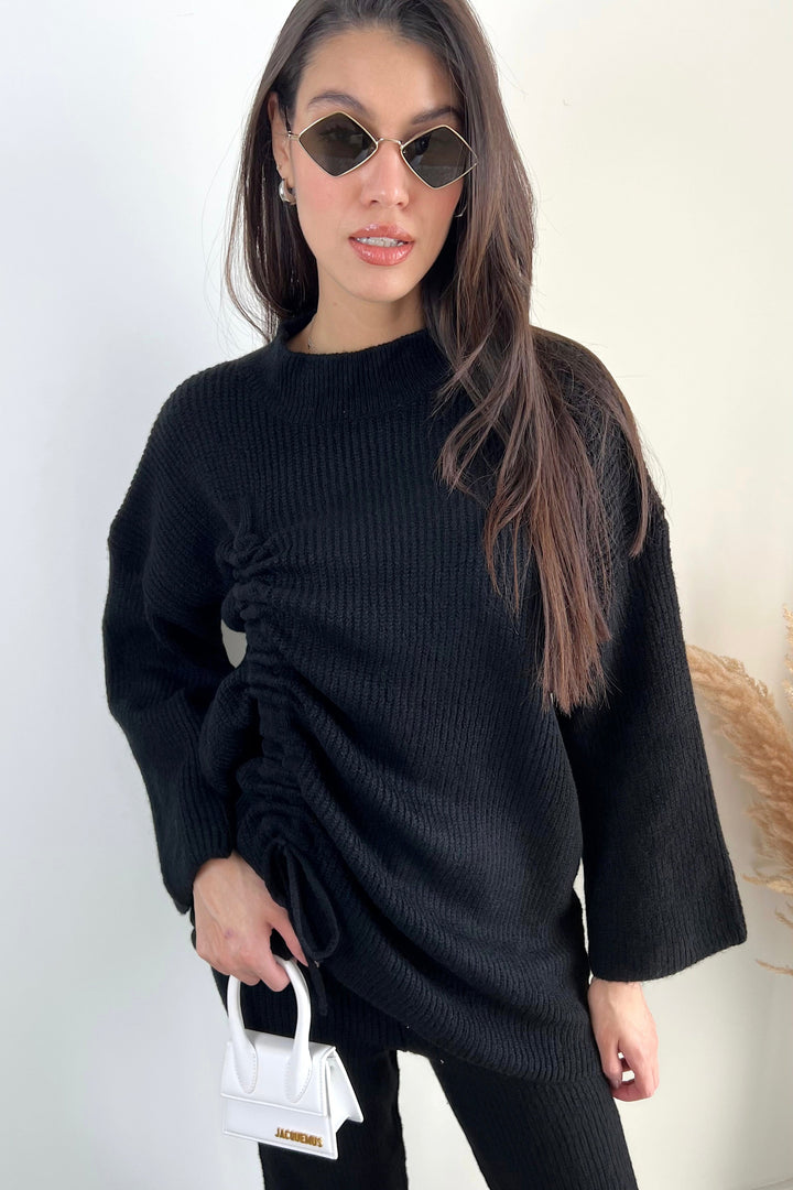 Knitted Co Ord set with Lacing Jumper and wide leg trousers in Black - jqwholesale.com