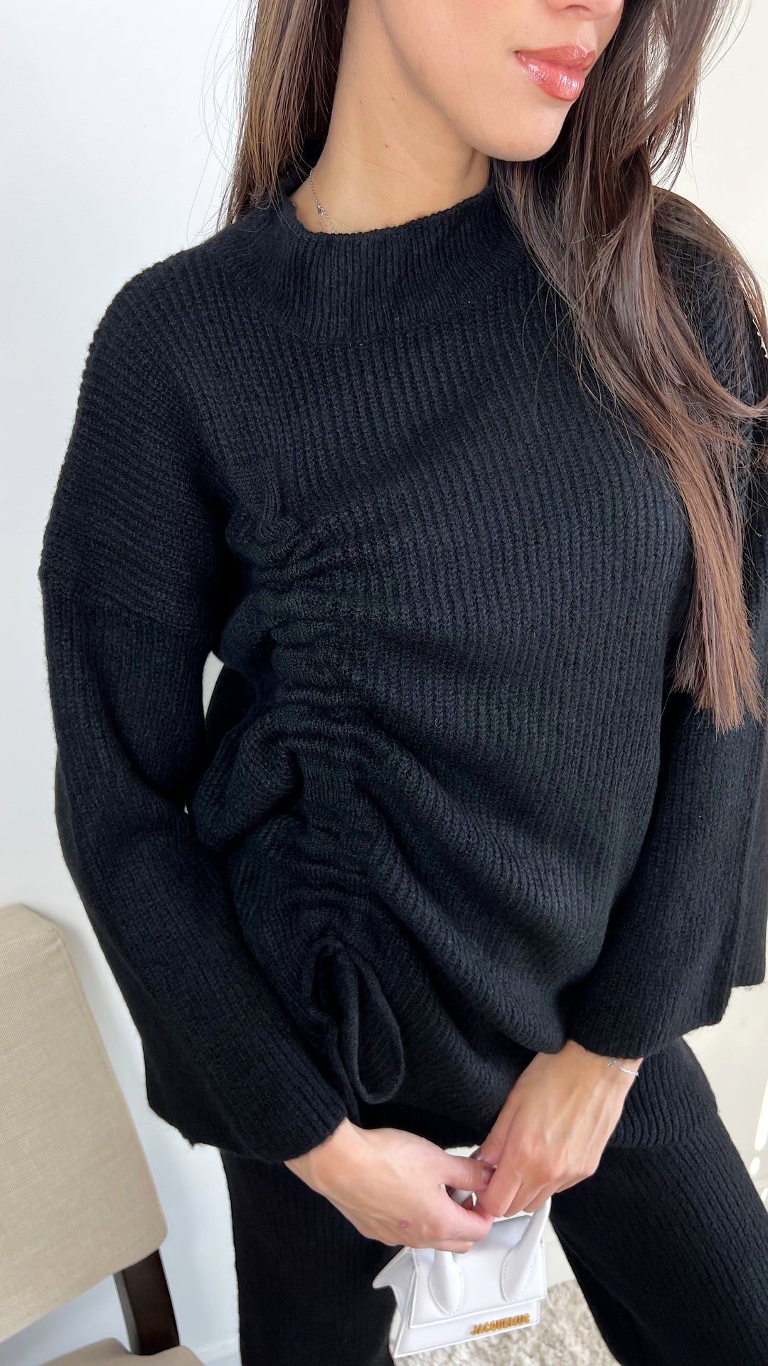 Knitted Co Ord set with Lacing Jumper and wide leg trousers in Black - jqwholesale.com