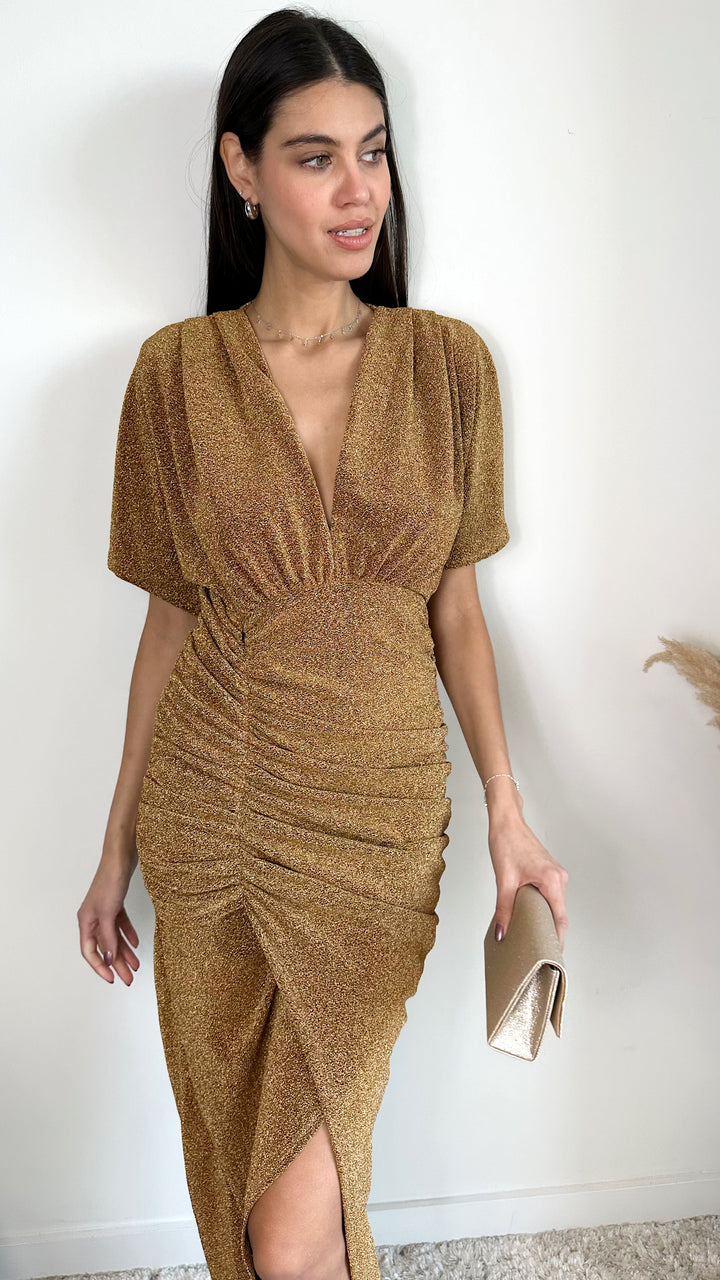 Kimono Sleeves Drape Shiny Maxi Dress in Gold - jqwholesale.com