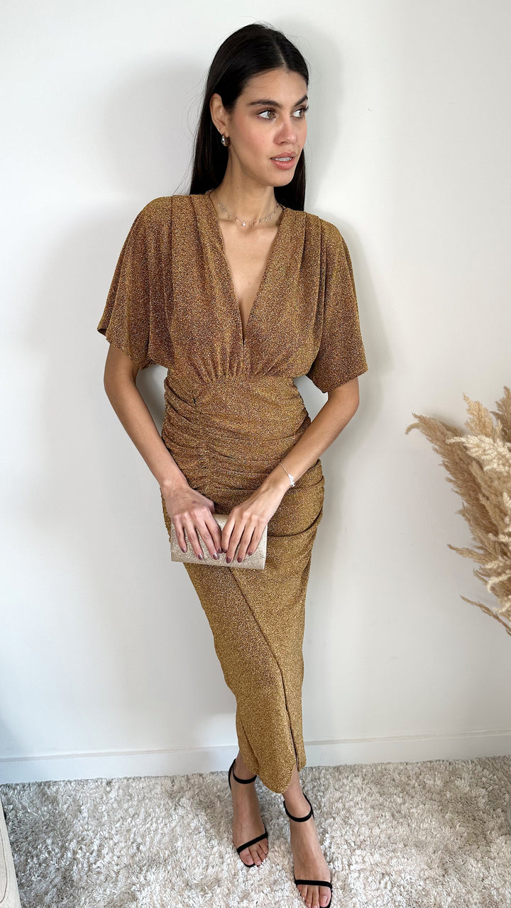 Kimono Sleeves Drape Shiny Maxi Dress in Gold - jqwholesale.com