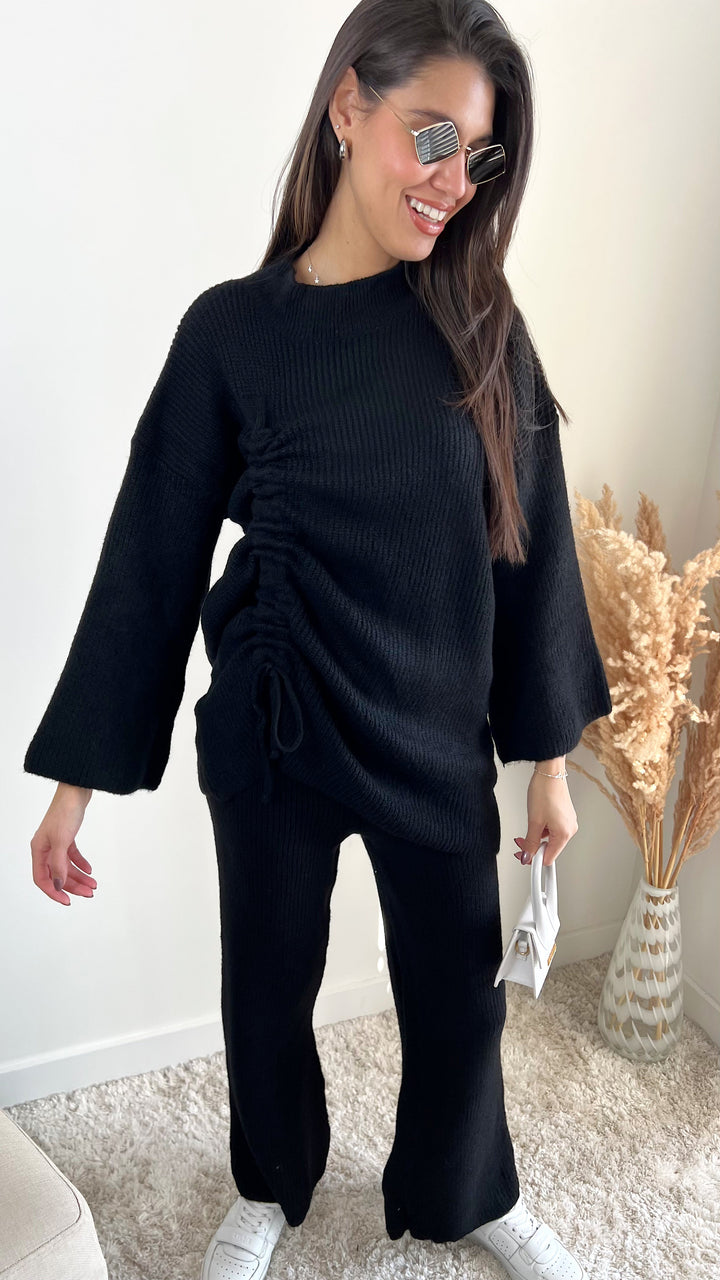 Knitted Co Ord set with Lacing Jumper and wide leg trousers in Black - jqwholesale.com