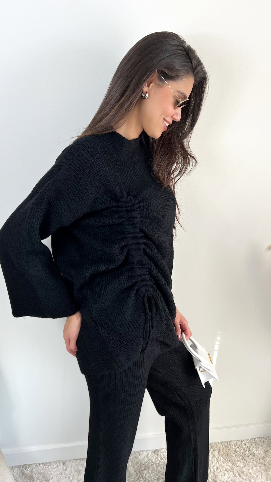 Knitted Co Ord set with Lacing Jumper and wide leg trousers in Black - jqwholesale.com