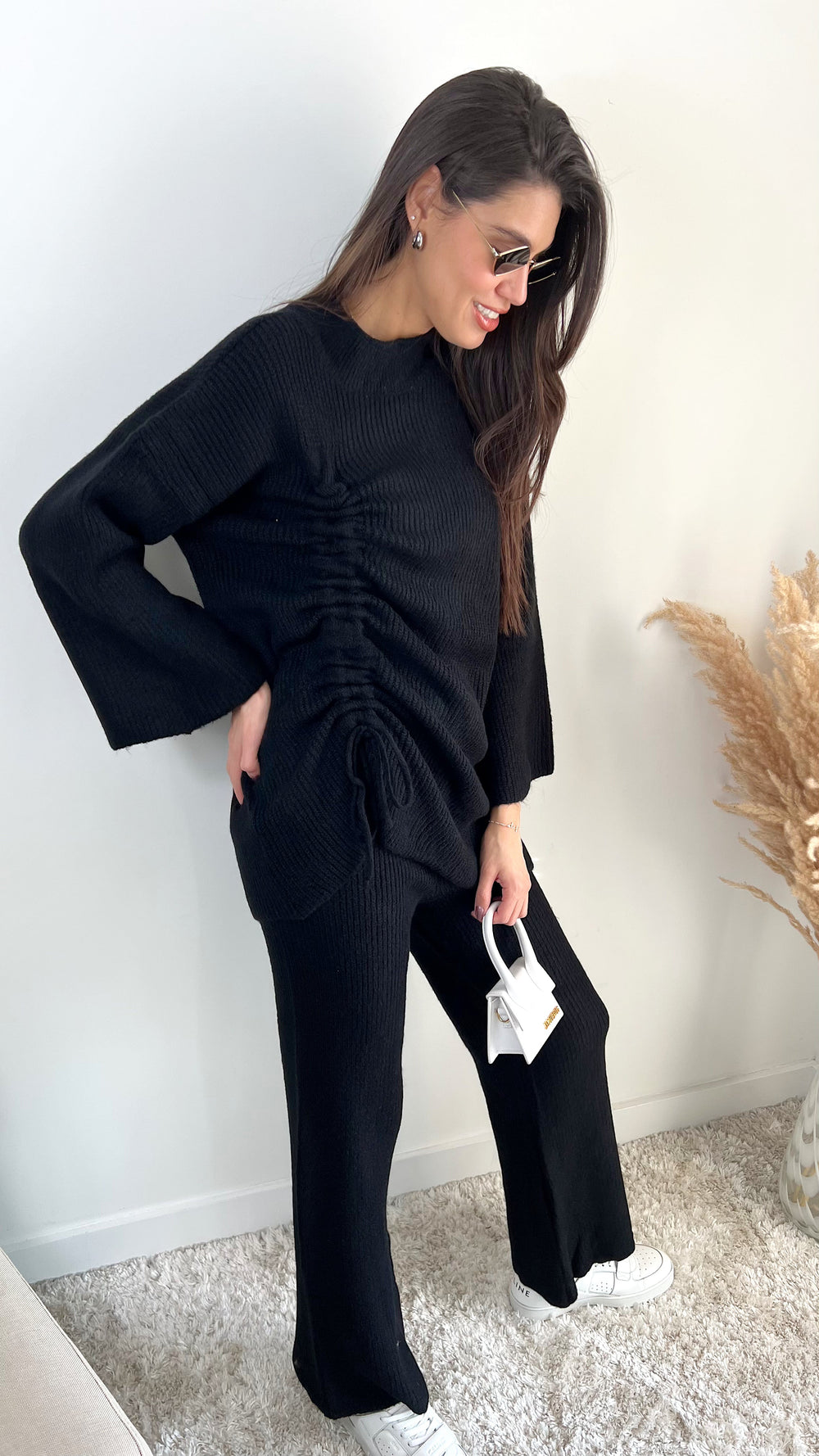 Knitted Co Ord set with Lacing Jumper and wide leg trousers in Black - jqwholesale.com