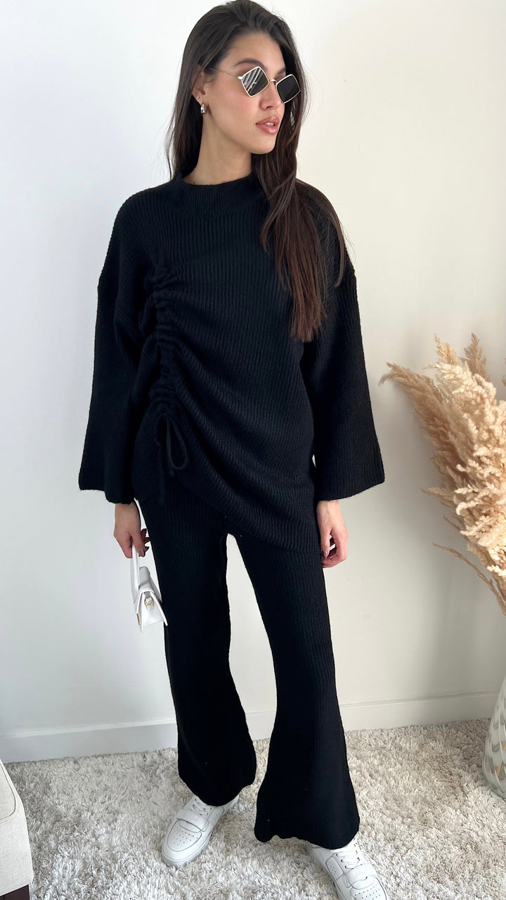 Knitted Co Ord set with Lacing Jumper and wide leg trousers in Black - jqwholesale.com