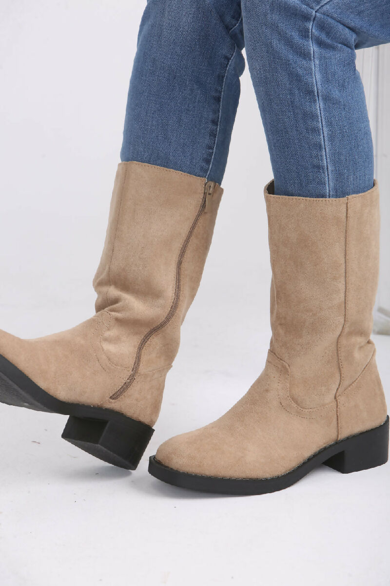 Camel Suede Designer Calf High Flat Boot (PACK OF 12 PAIRS UK3-UK8) - jqwholesale.com