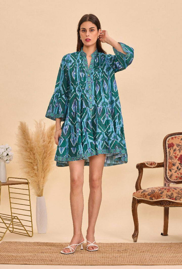 Short A-line dress in printed cotton- Green