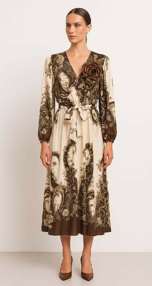 Floral & Baroque Print Midi Dress with Flower Detail