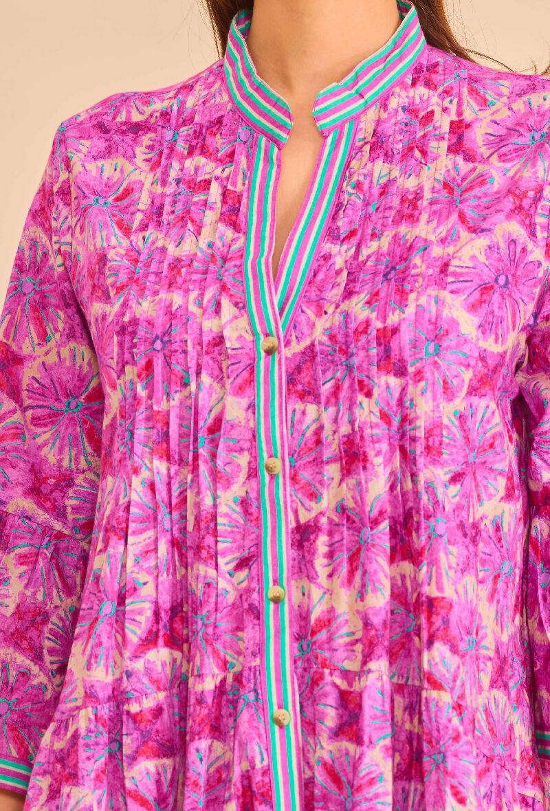 Short A-line dress in printed cotton- Pink