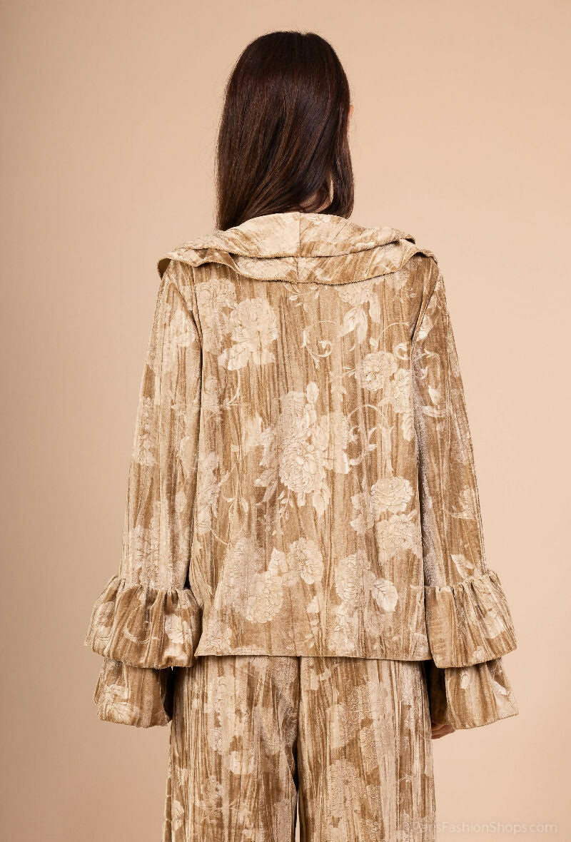 Embroidered Velvet Ruffle Blouse