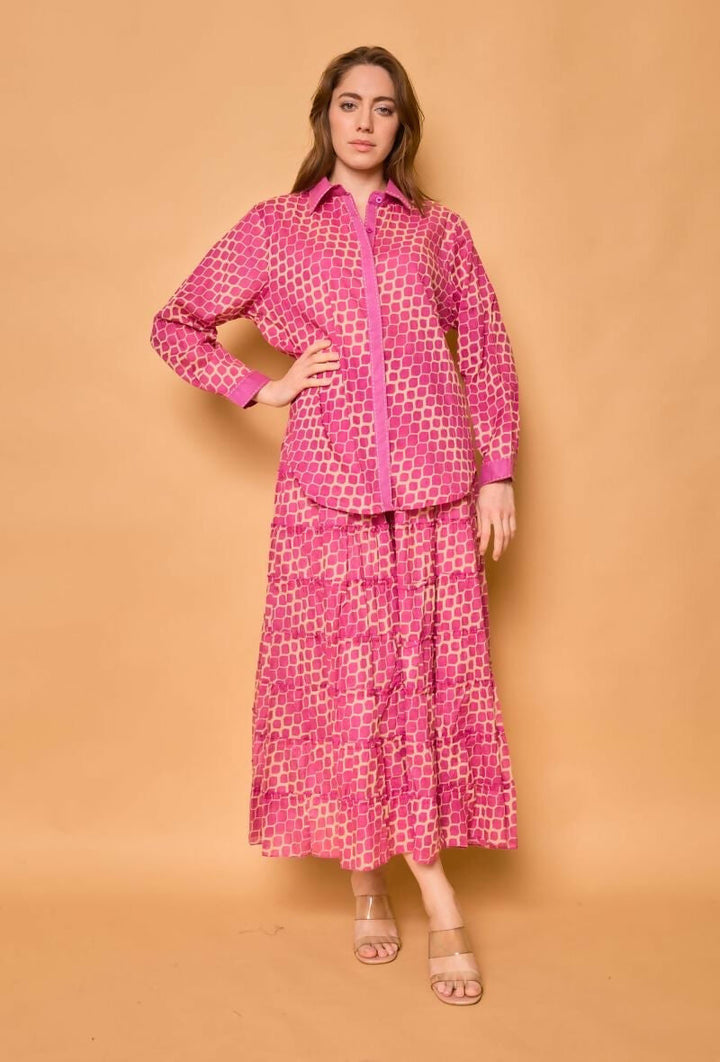 Bohemian long cotton smocked skirt- Pink