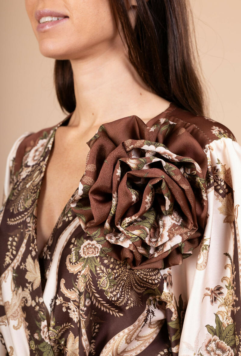 Floral & Baroque Print Midi Dress with Flower Detail