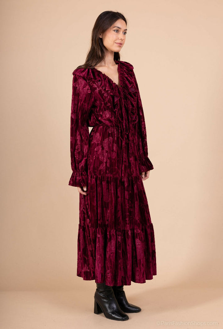 Long Pleated Velvet Ruffle Dress