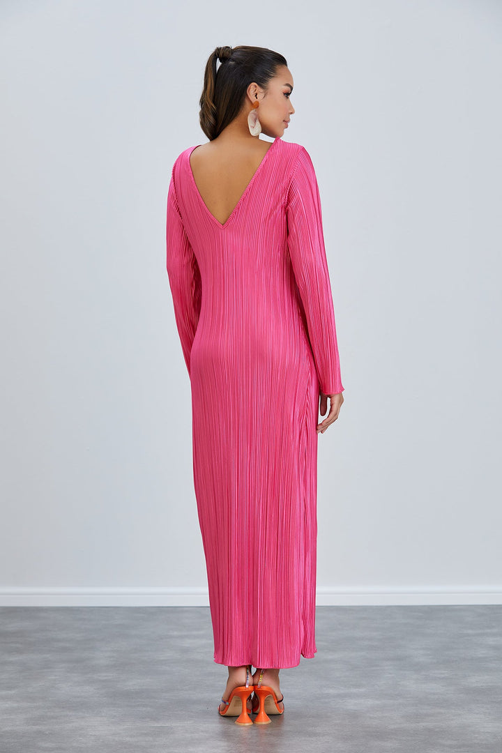 Long Sleeve Shift Pleated Maxi Dress in Fuchsia - jqwholesale.com