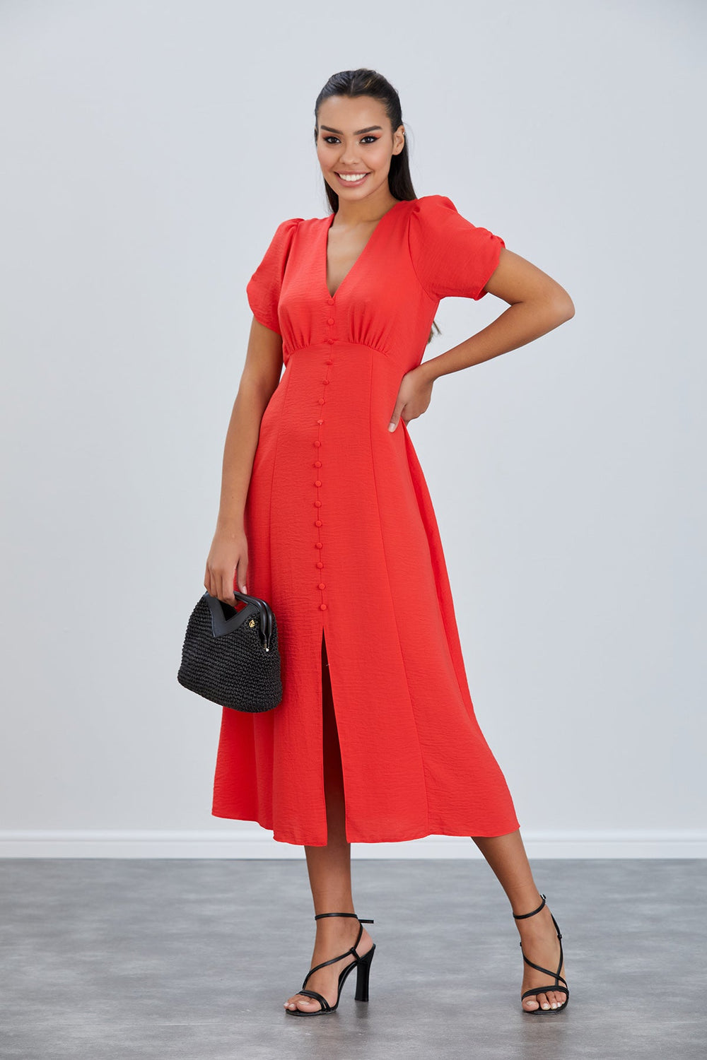 Linen Style Buttoned Shirt Midi Dress in Coral - jqwholesale.com