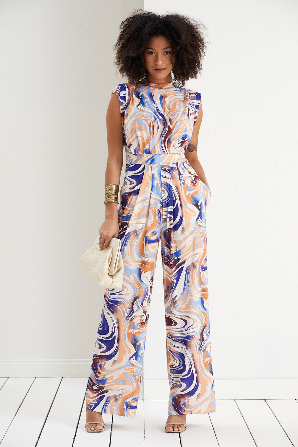 Sarry High neck Jumpsuit in Blue print - jqwholesale.com
