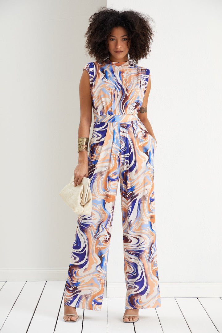 Sarry High neck Jumpsuit in Blue print - jqwholesale.com