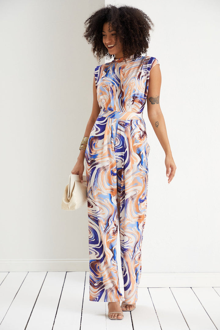 Sarry High neck Jumpsuit in Blue print - jqwholesale.com