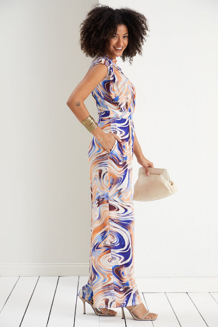 Sarry High neck Jumpsuit in Blue print - jqwholesale.com