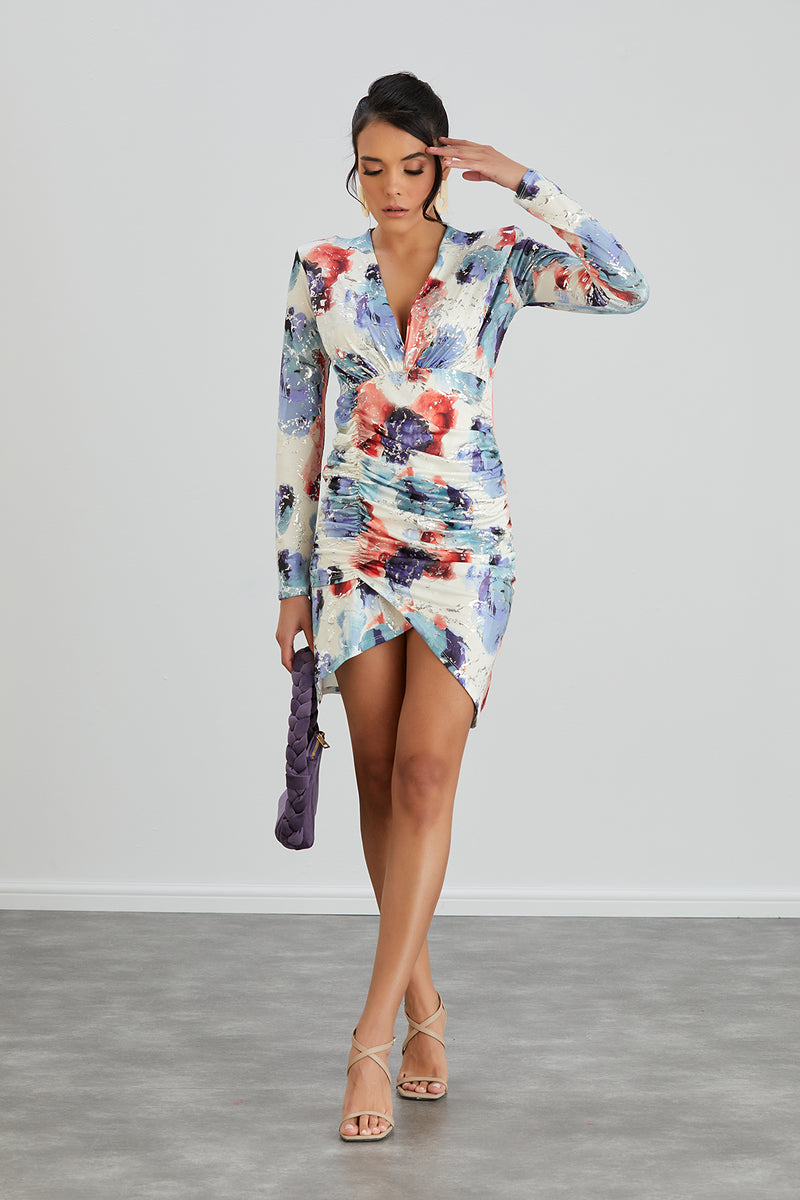 Silk Blue Long Sleeve Mini Dress