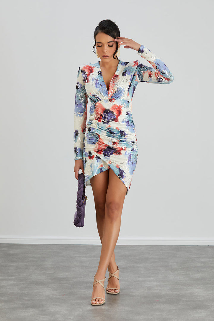 Silk Blue Long Sleeve Mini Dress