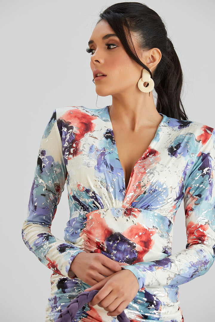 Silk Blue Long Sleeve Mini Dress