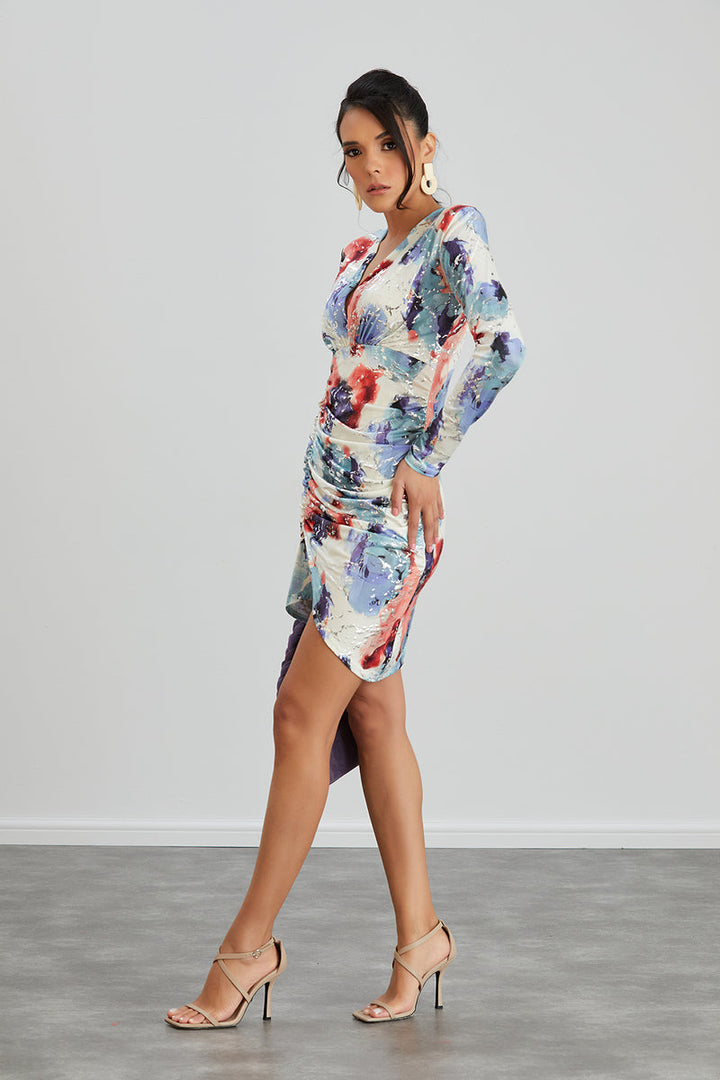 Silk Blue Long Sleeve Mini Dress