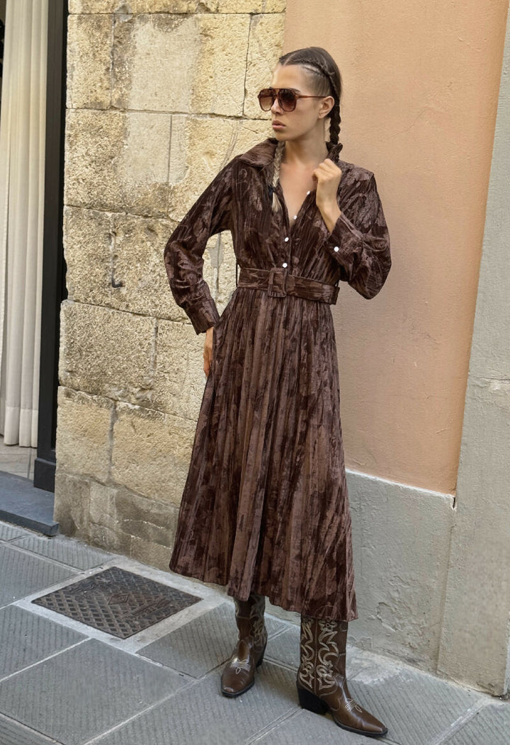 Embroidered Velvet Long Dress