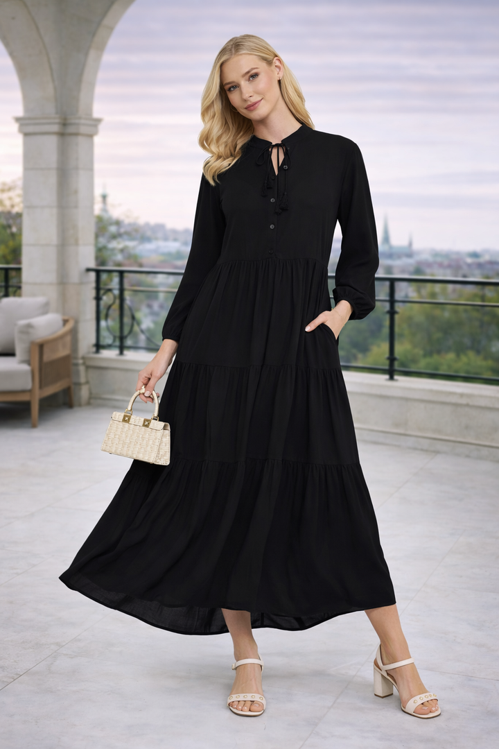Tiered Maxi Dress with Tie Neck Detail in Black