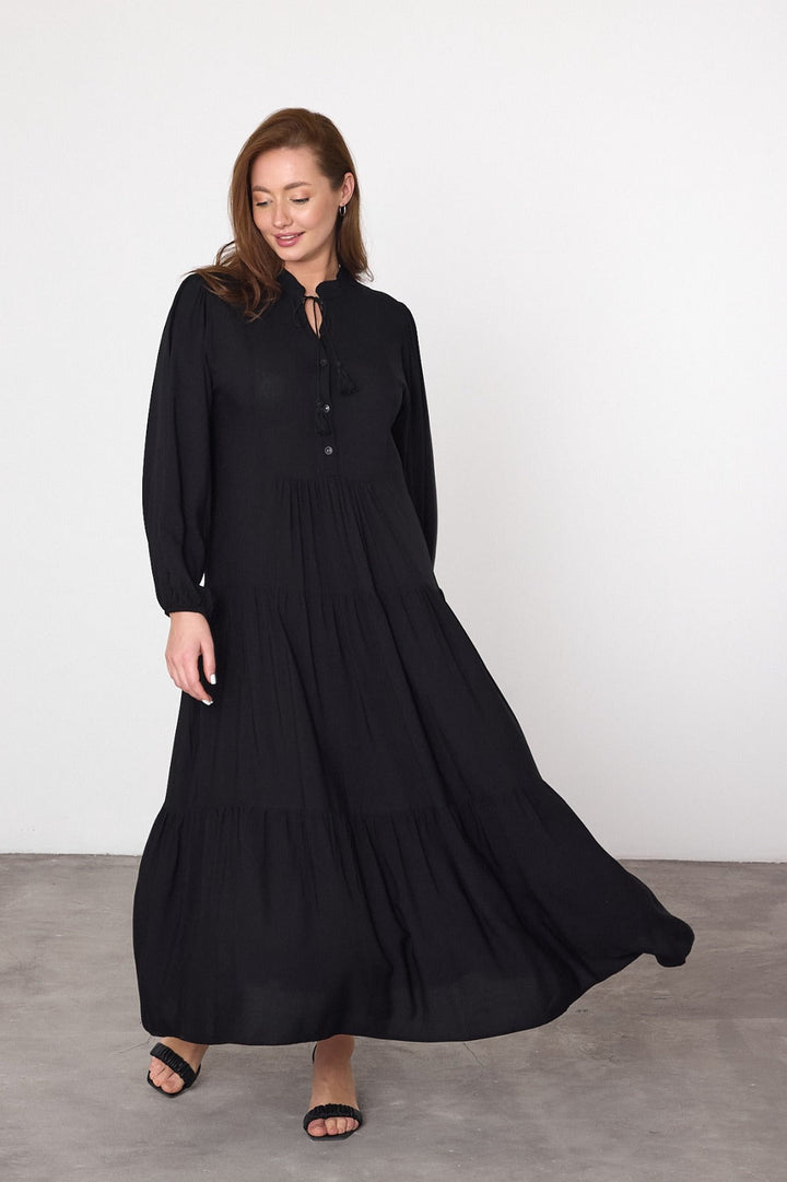 Tiered Maxi Dress with Tie Neck Detail in Black