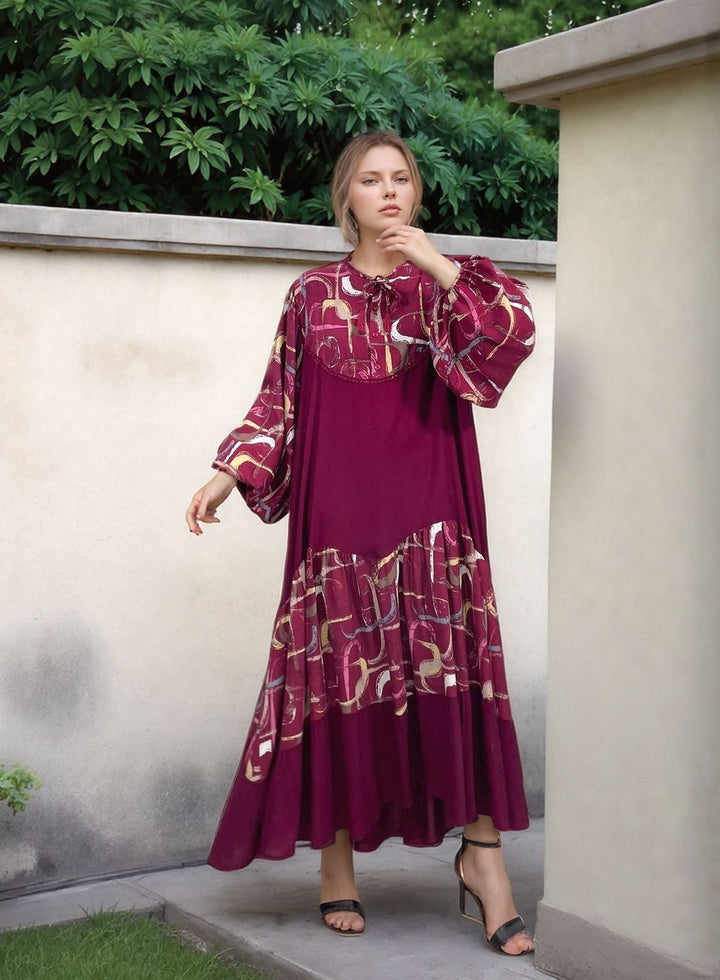 Abstract Panel Maxi Dress in Burgundy