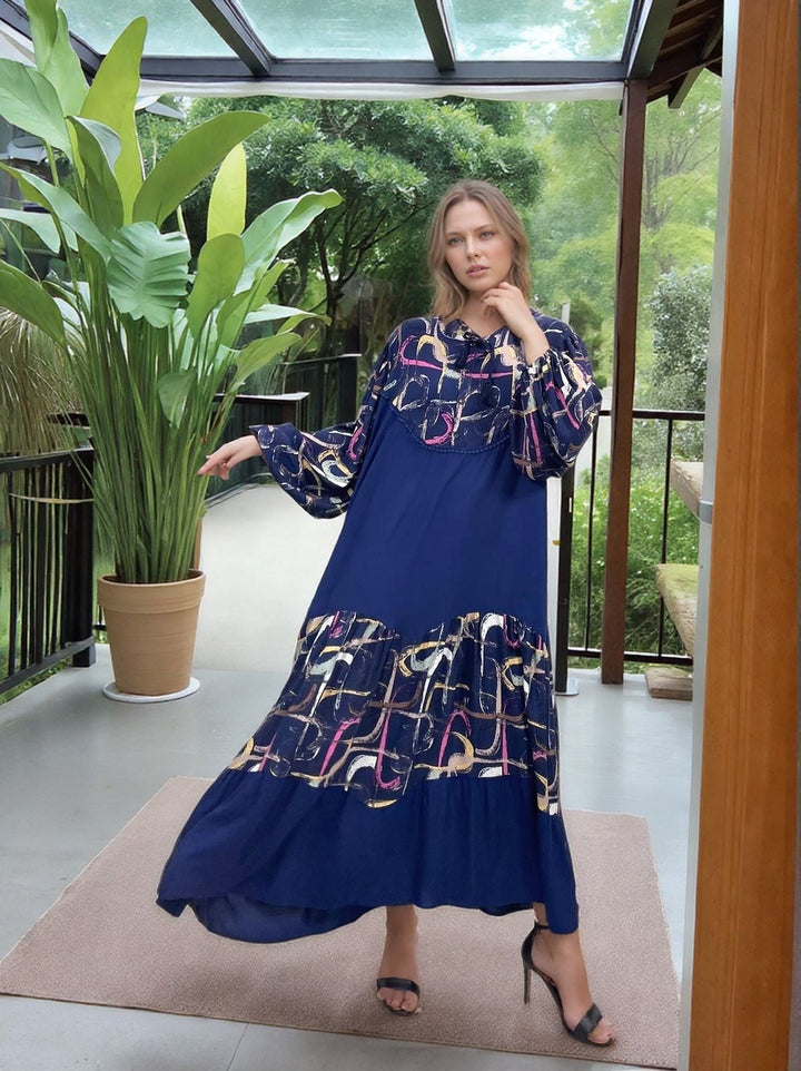 Abstract Panel Maxi Dress in Navy Blue