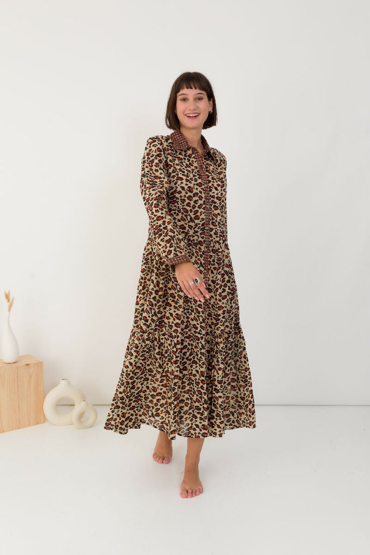 Cotton shirt dress with leopard print