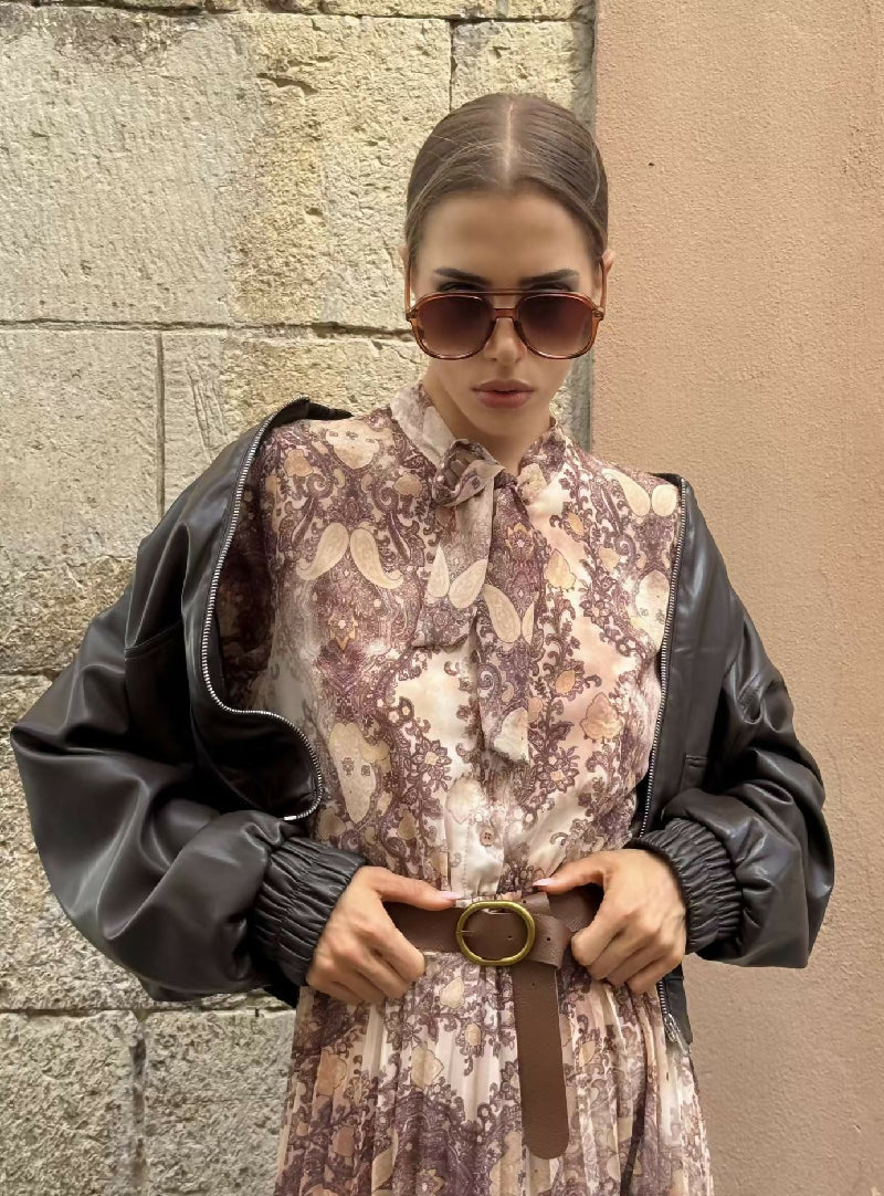 Pleated Dress with Vintage Print