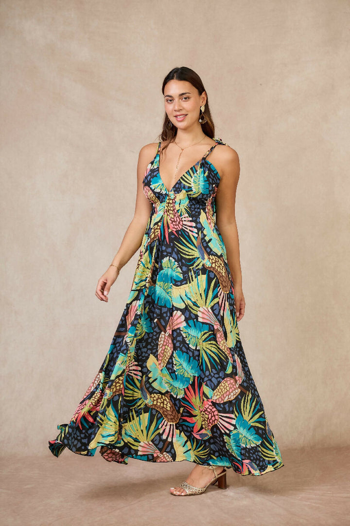 Long bohemian silk backless dress - Bleu