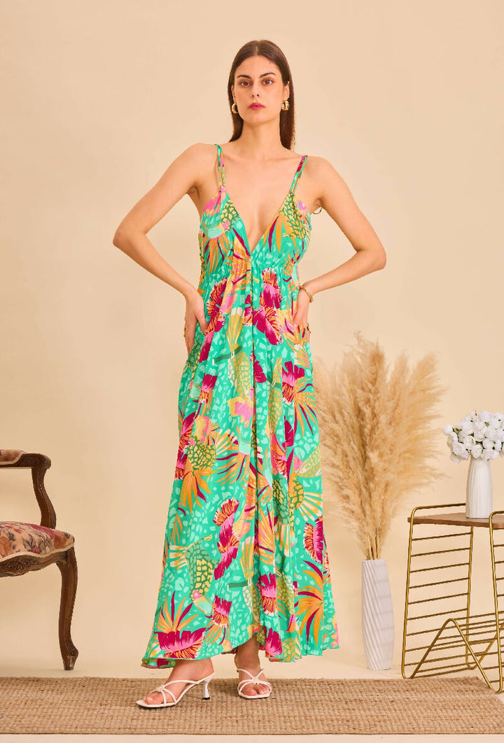 Long bohemian silk backless dress - Green