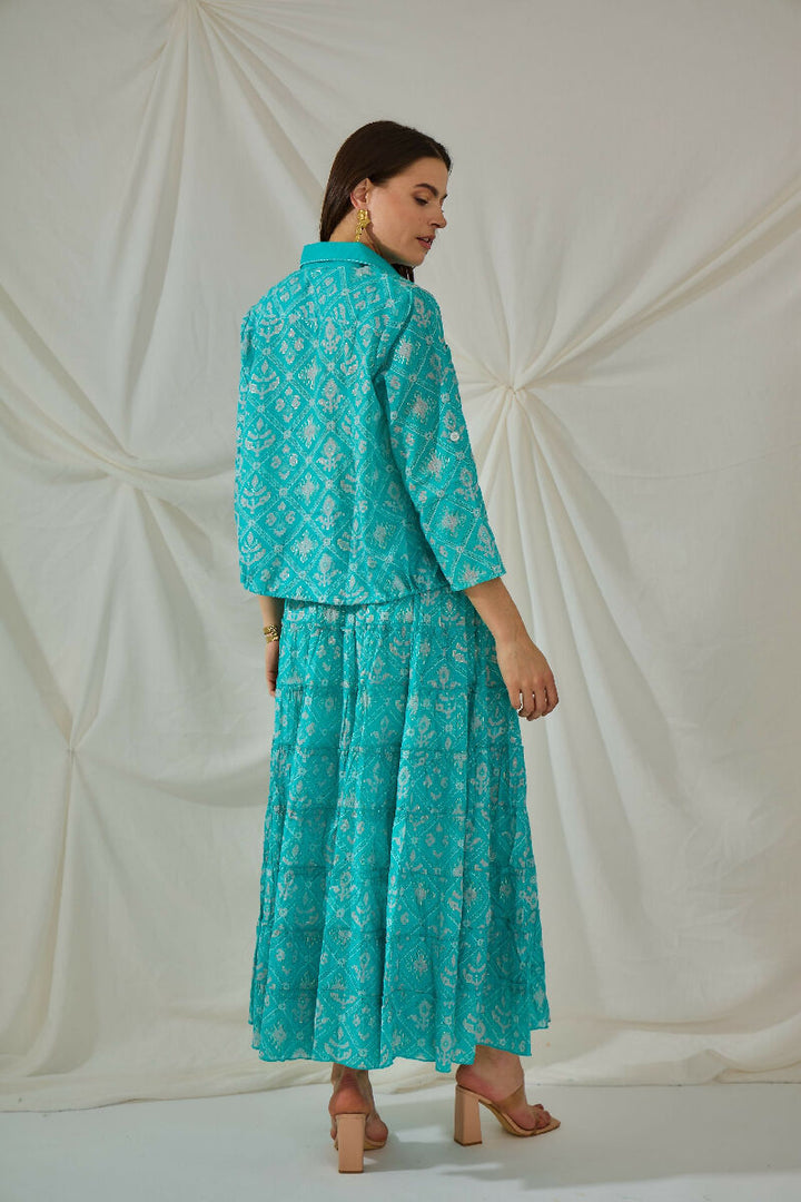 Bohemian long cotton smocked skirt- Turquoise