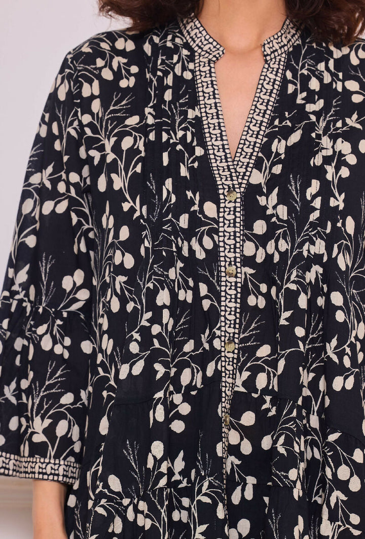 Short A-line dress in printed cotton- Black