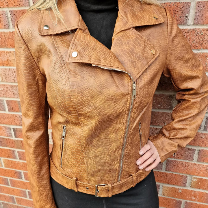 (4P. PACK) Tan Brown Biker Moc Croc Leather Look Jacket - jqwholesale.com