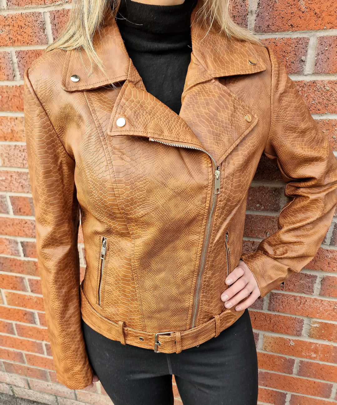 (4P. PACK) Tan Brown Biker Moc Croc Leather Look Jacket - jqwholesale.com