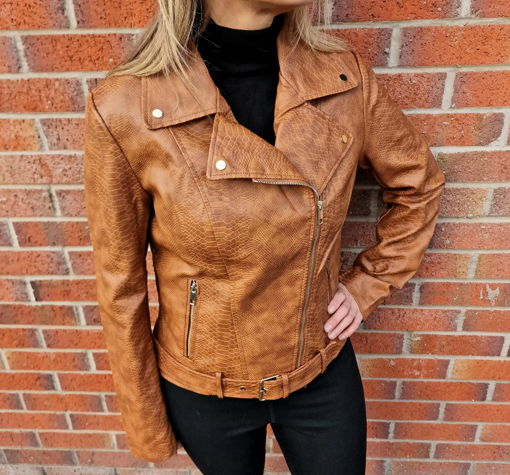 (4P. PACK) Tan Brown Biker Moc Croc Leather Look Jacket - jqwholesale.com