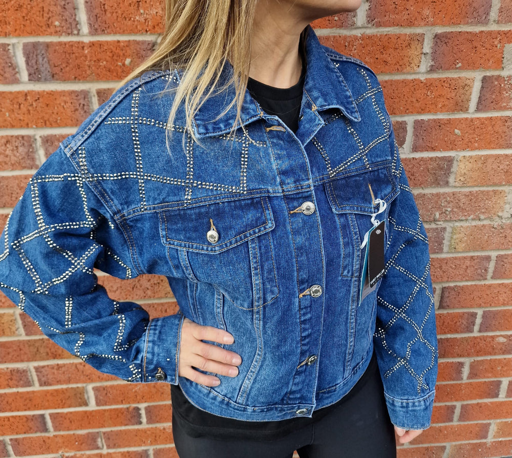 (4P. PACK) Criss Cross Diamante Stud Denim Cotton Jacket - jqwholesale.com