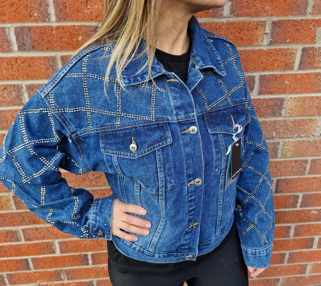 (4P. PACK) Criss Cross Diamante Stud Denim Cotton Jacket - jqwholesale.com