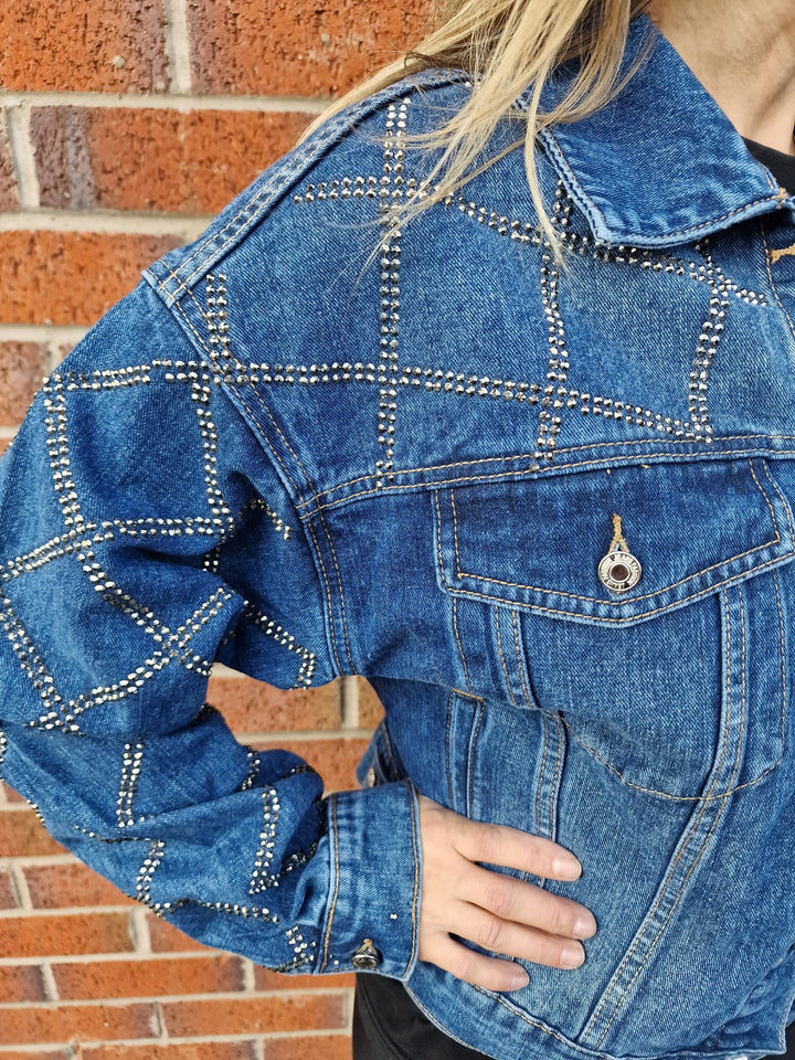 (4P. PACK) Criss Cross Diamante Stud Denim Cotton Jacket - jqwholesale.com