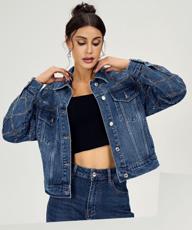 (4P. PACK) Criss Cross Diamante Stud Denim Cotton Jacket - jqwholesale.com