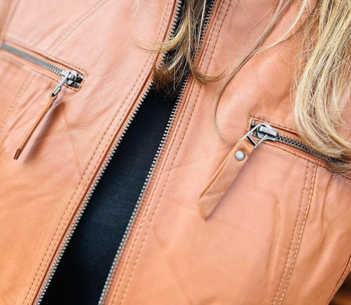Tan Brown Real Leather Mandarin Collar Jacket - jqwholesale.com