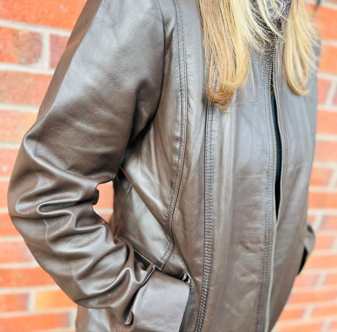Chocolate Real Leather Mandarin Collar Jacket - jqwholesale.com