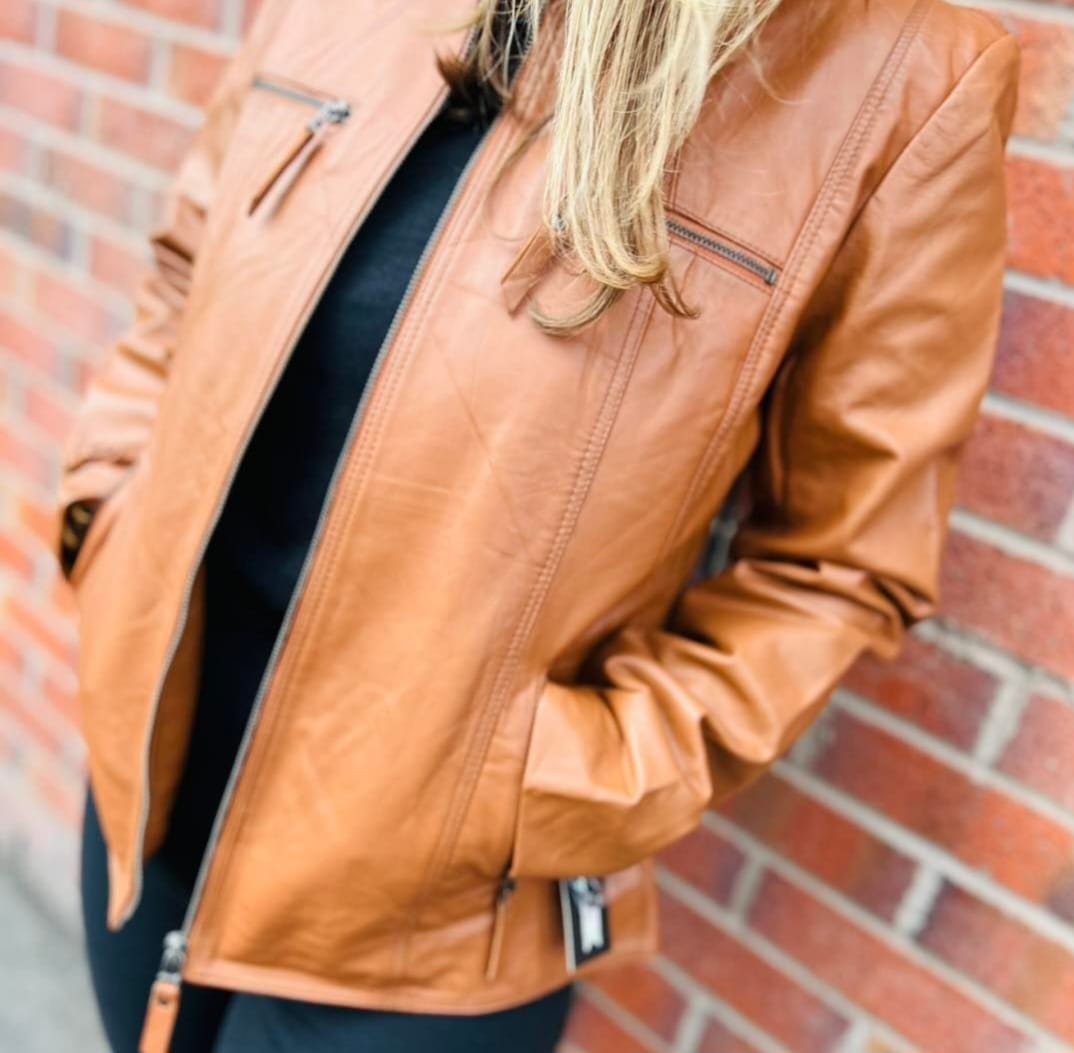 Tan Brown Real Leather Mandarin Collar Jacket - jqwholesale.com