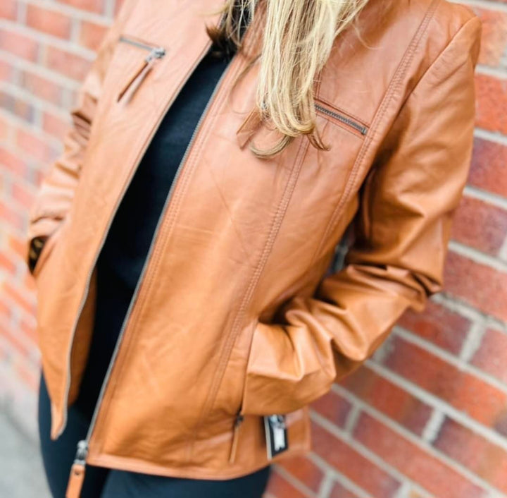 Tan Brown Real Leather Mandarin Collar Jacket - jqwholesale.com