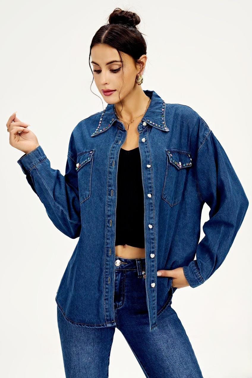 (3p. pack) Coloured Crystal and Pearl Cotton Denim Shirt - jqwholesale.com